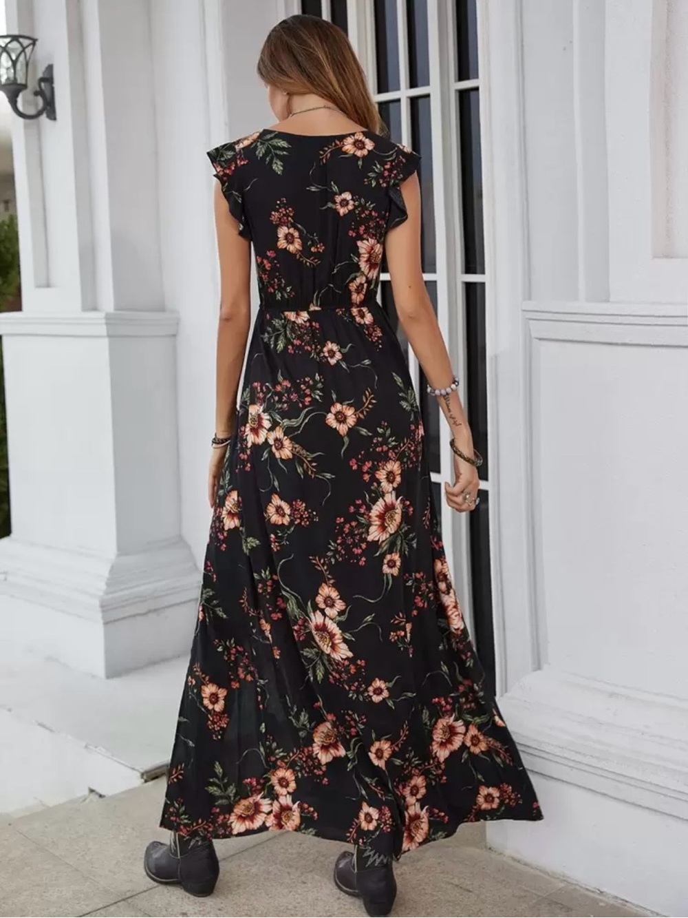 SHEIN Black Floral Maxi Dress with Rust & Green Blooms - Picture 2 of 9